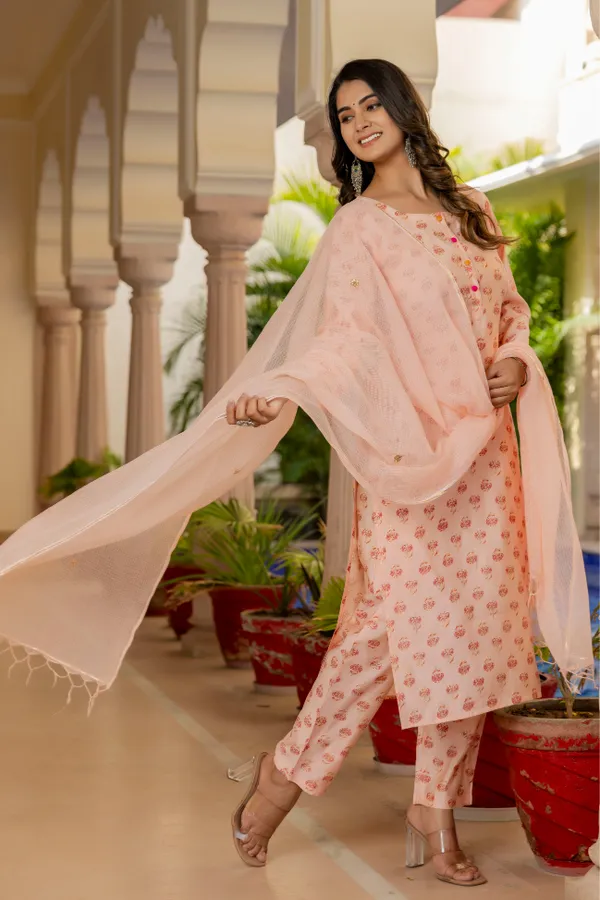 Orange_Floral_Printed_Chanderi_Cotton_Kurta_With_Palazzos_&_Dupatta_For_Women