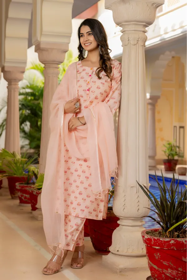 Orange_Floral_Printed_Chanderi_Cotton_Kurta_With_Palazzos_&_Dupatta_For_Women