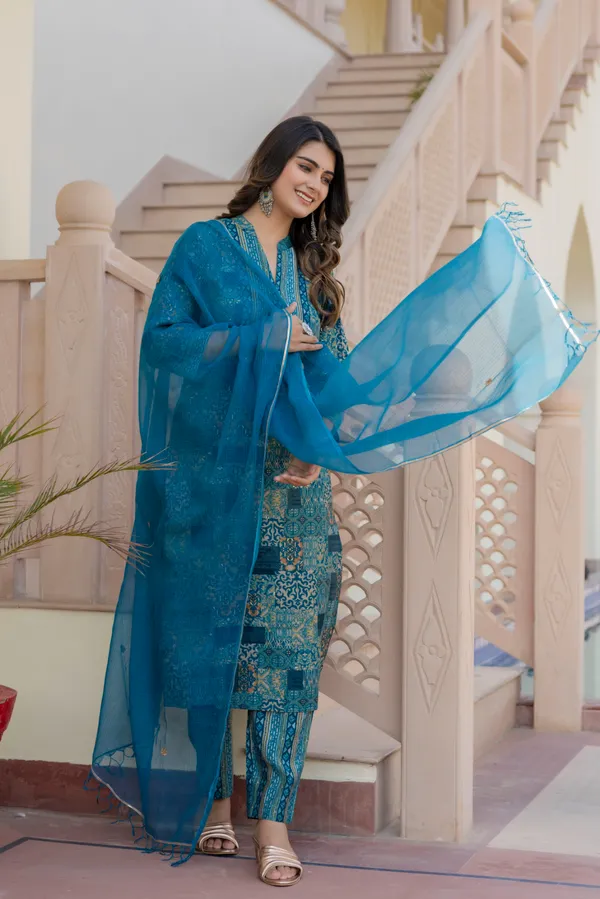 Blue_Floral_Mandarin_Collar_Chanderi_Cotton_Straight_Kurta_With_Trouser_&_Dupatta_For_Women