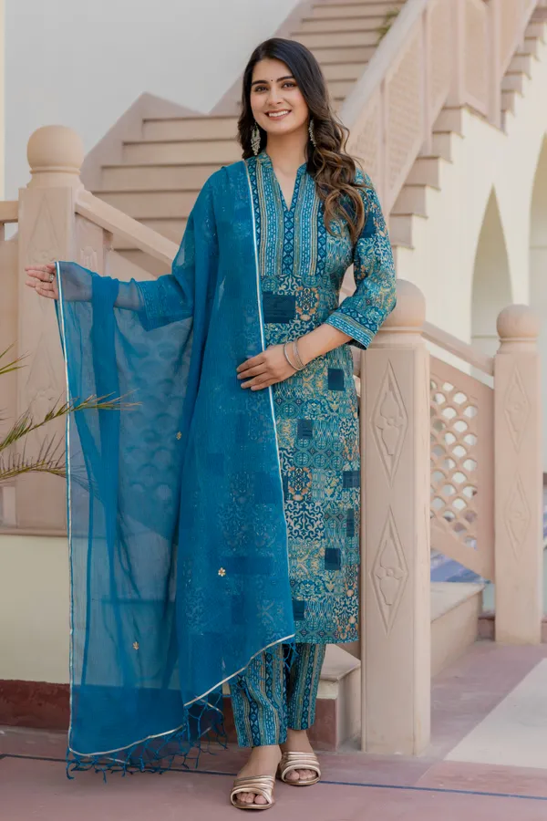 Blue_Floral_Mandarin_Collar_Chanderi_Cotton_Straight_Kurta_With_Trouser_&_Dupatta_For_Women