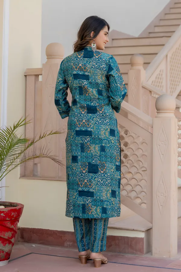 Blue_Floral_Mandarin_Collar_Chanderi_Cotton_Straight_Kurta_With_Trouser_&_Dupatta_For_Women