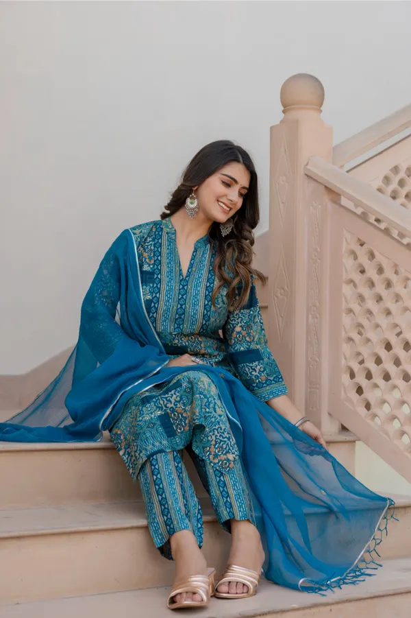 Blue_Floral_Mandarin_Collar_Chanderi_Cotton_Straight_Kurta_With_Trouser_&_Dupatta_For_Women