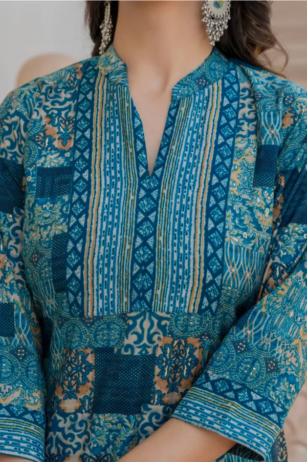 Blue_Floral_Mandarin_Collar_Chanderi_Cotton_Straight_Kurta_With_Trouser_&_Dupatta_For_Women