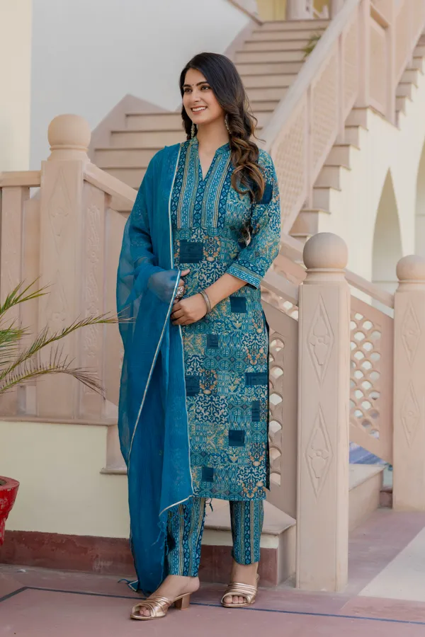 Blue_Floral_Mandarin_Collar_Chanderi_Cotton_Straight_Kurta_With_Trouser_&_Dupatta_For_Women