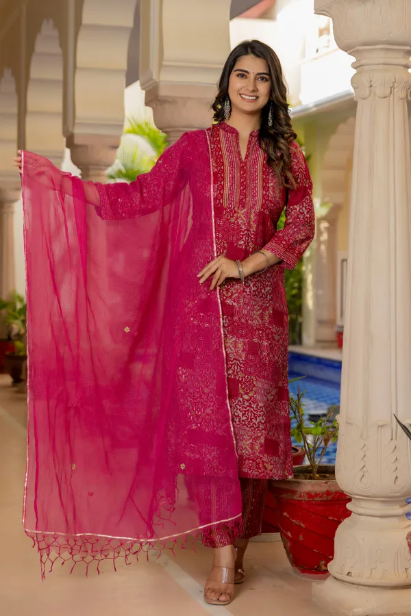 Pink_Ethnic_Motifs_Printed_Chanderi_Cotton_Kurta_With_Trousers_&_Dupatta_For_Women