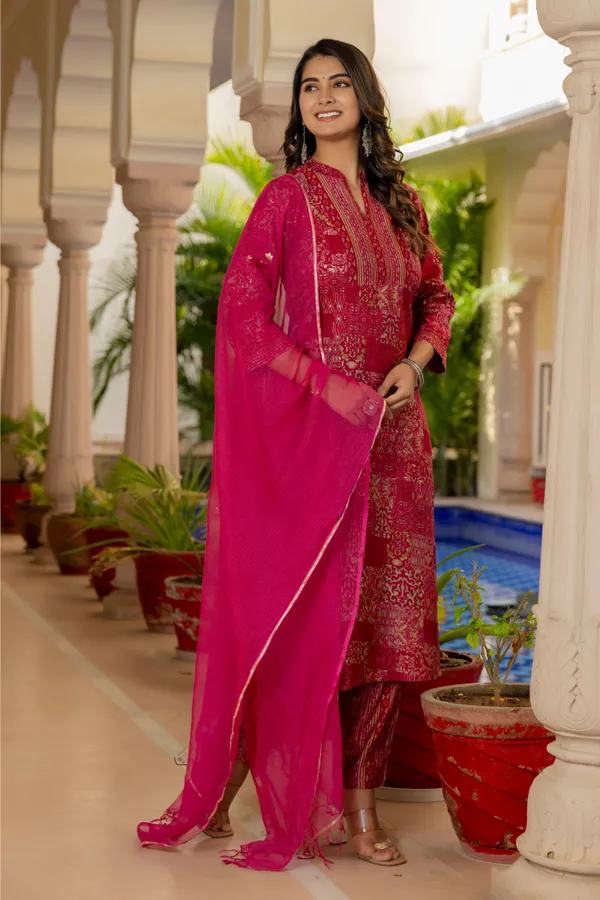 Pink_Ethnic_Motifs_Printed_Chanderi_Cotton_Kurta_With_Trousers_&_Dupatta_For_Women