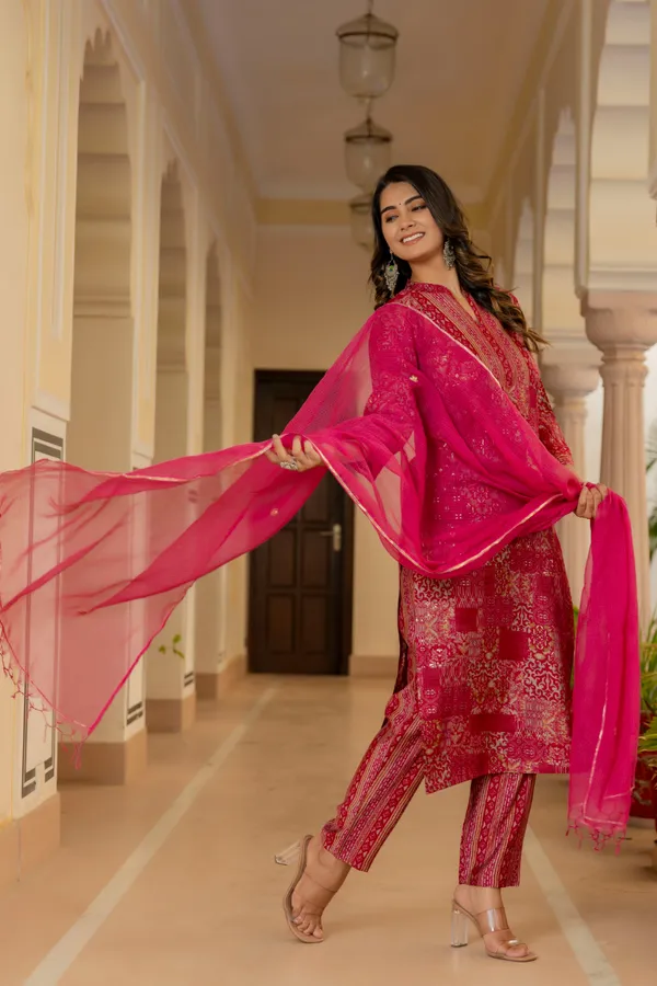 Pink_Ethnic_Motifs_Printed_Chanderi_Cotton_Kurta_With_Trousers_&_Dupatta_For_Women
