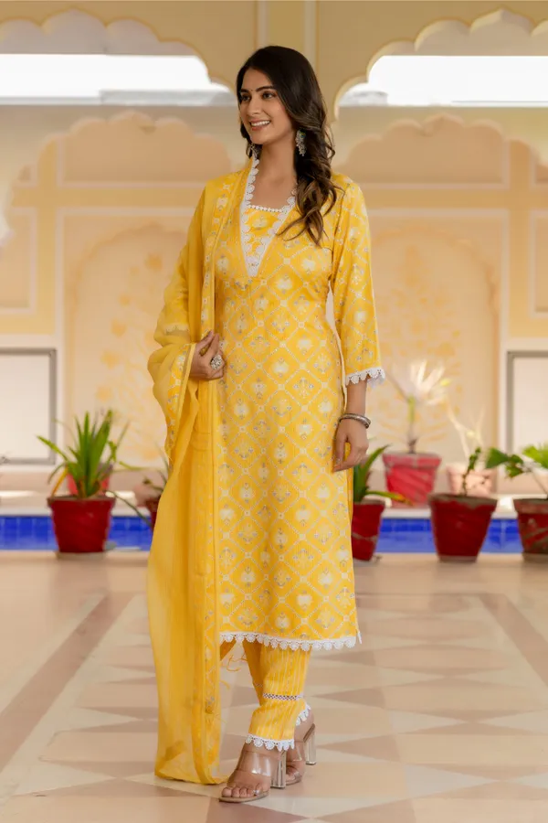 Yellow_Floral_Printed_Chanderi_Cotton_Kurta_With_Palazzos_&_Dupatta_For_Women