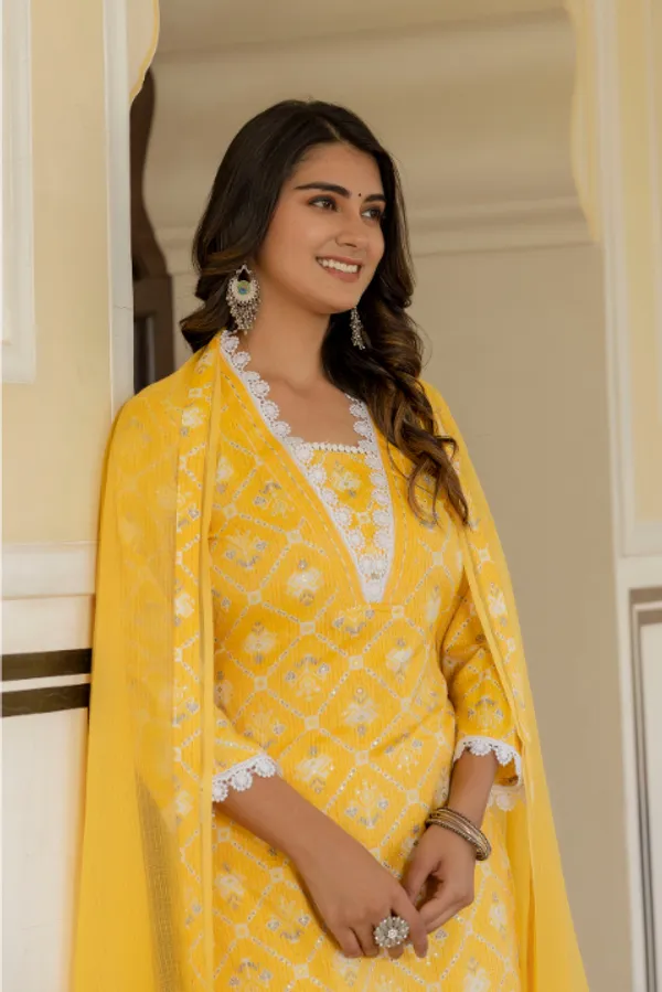 Yellow_Floral_Printed_Chanderi_Cotton_Kurta_With_Palazzos_&_Dupatta_For_Women