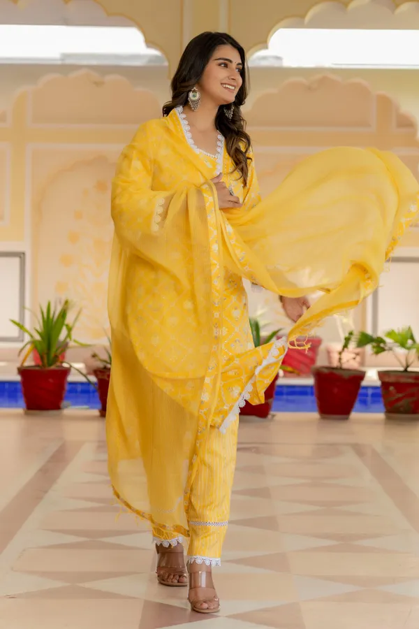 Yellow_Floral_Printed_Chanderi_Cotton_Kurta_With_Palazzos_&_Dupatta_For_Women