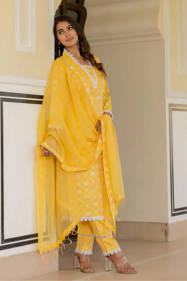 Yellow_Floral_Printed_Chanderi_Cotton_Kurta_With_Palazzos_&_Dupatta_For_Women