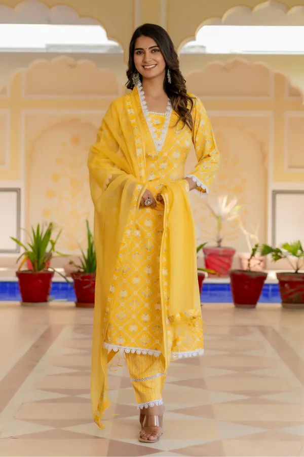 Yellow_Floral_Printed_Chanderi_Cotton_Kurta_With_Palazzos_&_Dupatta_For_Women