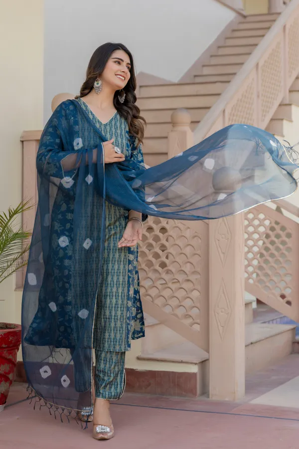 Blue_Floral_Printed_V-_Neck_Chanderi_Cotton_Straight_Kurta_With_Trouser_&_Dupatta_For_Women