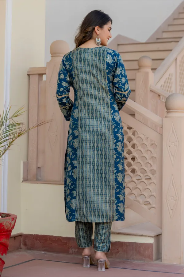 Blue_Floral_Printed_V-_Neck_Chanderi_Cotton_Straight_Kurta_With_Trouser_&_Dupatta_For_Women