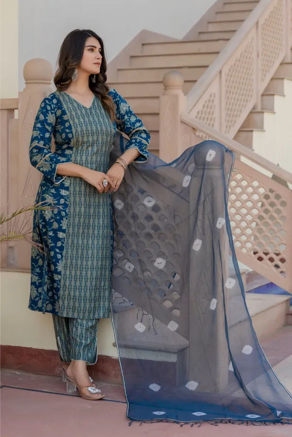 Blue_Floral_Printed_V-_Neck_Chanderi_Cotton_Straight_Kurta_With_Trouser_&_Dupatta_For_Women