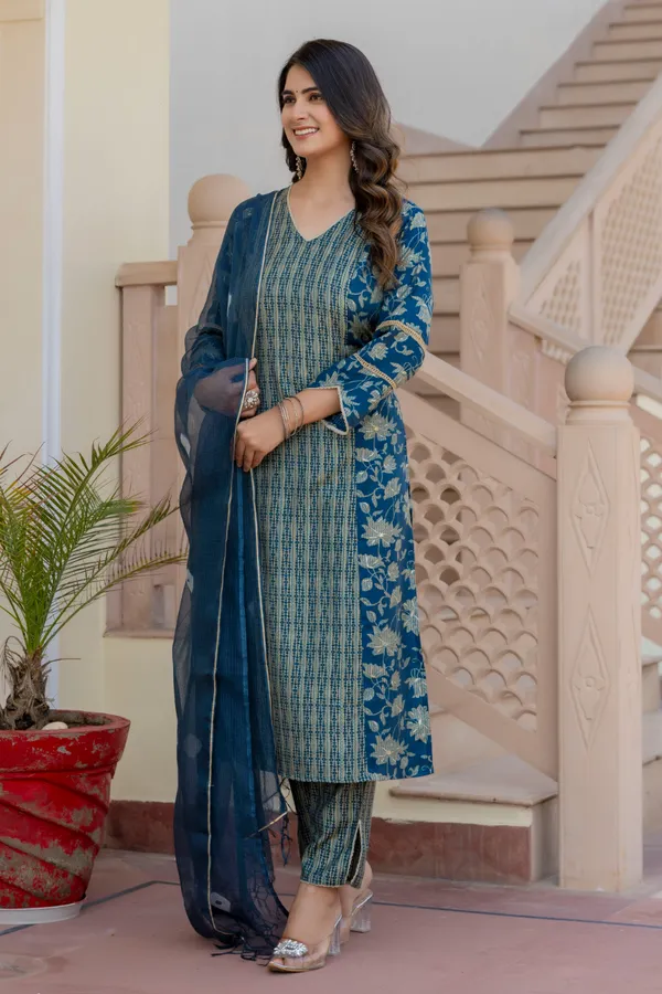 Blue_Floral_Printed_V-_Neck_Chanderi_Cotton_Straight_Kurta_With_Trouser_&_Dupatta_For_Women