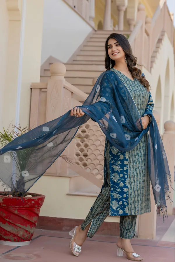 Blue_Floral_Printed_V-_Neck_Chanderi_Cotton_Straight_Kurta_With_Trouser_&_Dupatta_For_Women