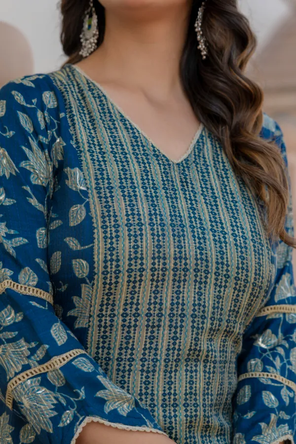 Blue_Floral_Printed_V-_Neck_Chanderi_Cotton_Straight_Kurta_With_Trouser_&_Dupatta_For_Women