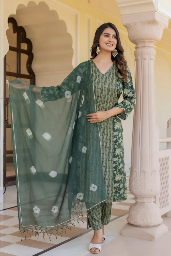 Green_Floral_Printed_V-_Neck_Chanderi_Cotton_Straight_Kurta_With_Trouser_&_Dupatta_For_Women