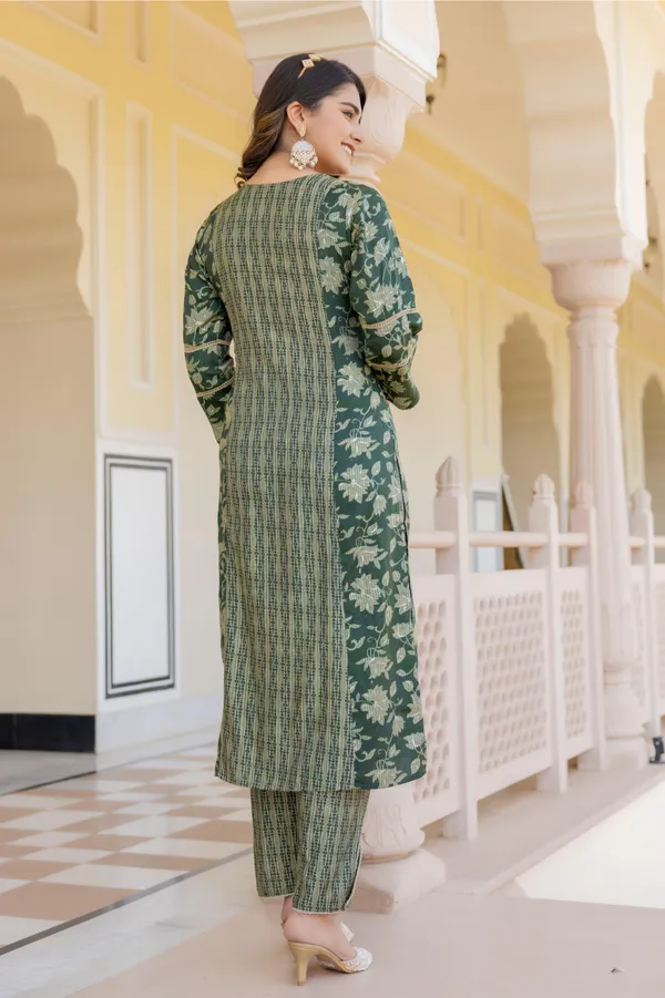 Green_Floral_Printed_V-_Neck_Chanderi_Cotton_Straight_Kurta_With_Trouser_&_Dupatta_For_Women