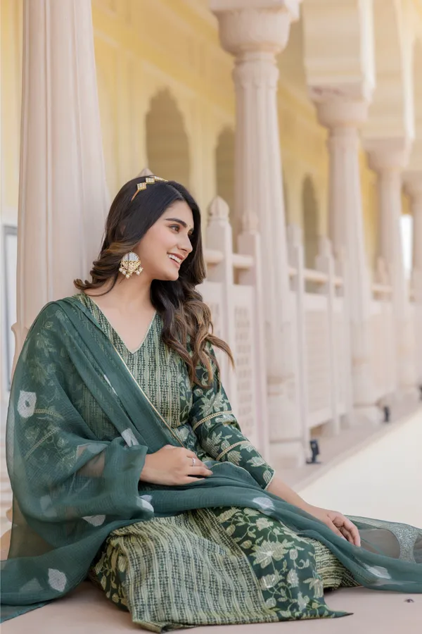 Green_Floral_Printed_V-_Neck_Chanderi_Cotton_Straight_Kurta_With_Trouser_&_Dupatta_For_Women