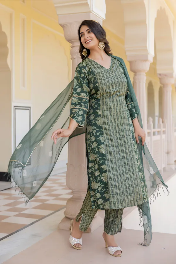 Green_Floral_Printed_V-_Neck_Chanderi_Cotton_Straight_Kurta_With_Trouser_&_Dupatta_For_Women
