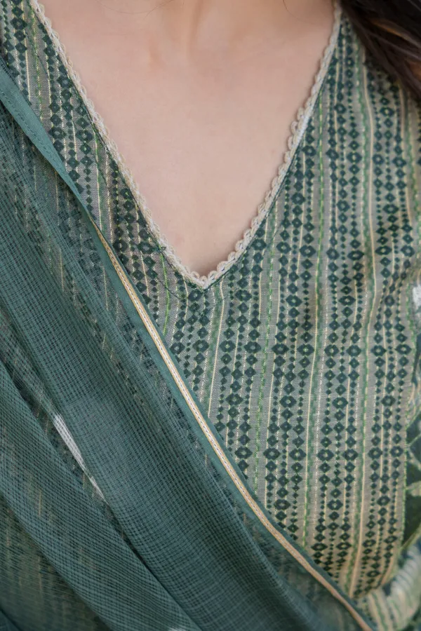 Green_Floral_Printed_V-_Neck_Chanderi_Cotton_Straight_Kurta_With_Trouser_&_Dupatta_For_Women