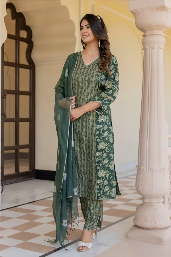 Green_Floral_Printed_V-_Neck_Chanderi_Cotton_Straight_Kurta_With_Trouser_&_Dupatta_For_Women