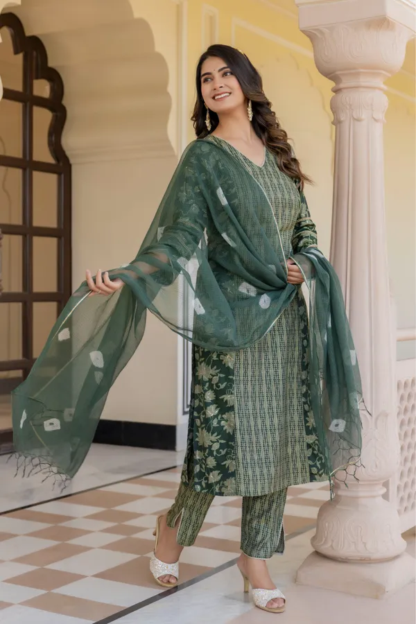 Green_Floral_Printed_V-_Neck_Chanderi_Cotton_Straight_Kurta_With_Trouser_&_Dupatta_For_Women