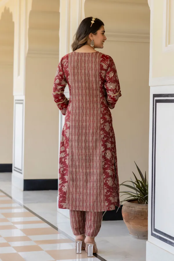 Red_Floral_Printed_V-Neck_Chanderi_Cotton_Straight_Kurta_With_Trouser_&_Dupatta_For_Women