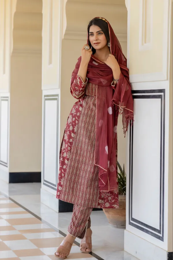 Red_Floral_Printed_V-Neck_Chanderi_Cotton_Straight_Kurta_With_Trouser_&_Dupatta_For_Women