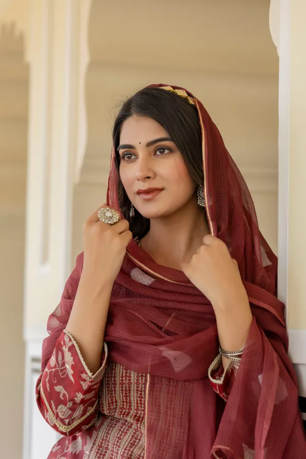 Red_Floral_Printed_V-Neck_Chanderi_Cotton_Straight_Kurta_With_Trouser_&_Dupatta_For_Women