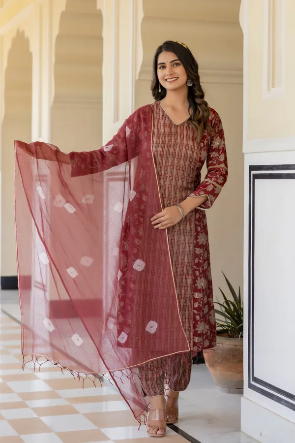 Red_Floral_Printed_V-Neck_Chanderi_Cotton_Straight_Kurta_With_Trouser_&_Dupatta_For_Women