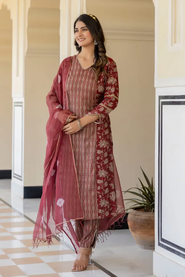 Red_Floral_Printed_V-Neck_Chanderi_Cotton_Straight_Kurta_With_Trouser_&_Dupatta_For_Women