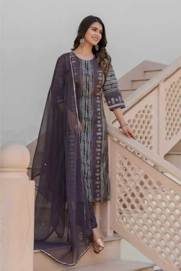 Grey_Floral_Printed_Chanderi_Cotton_Kurta_With_Palazzos_&_Dupatta_For_Women