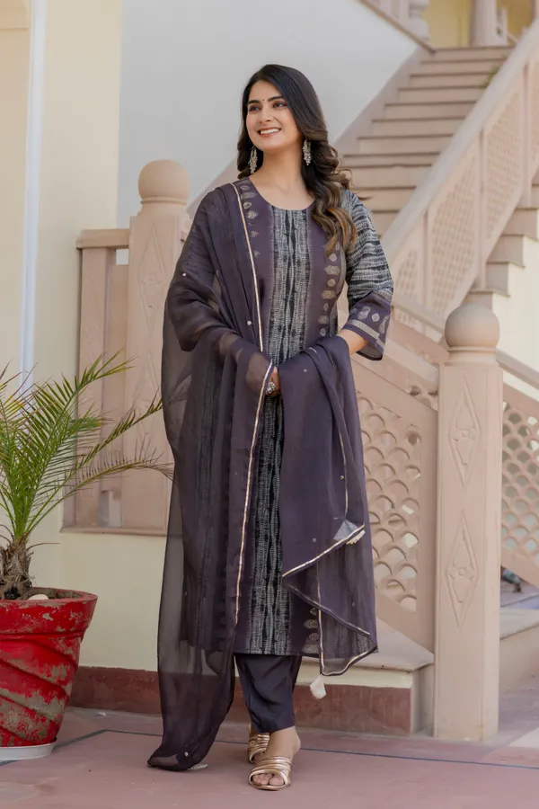 Grey_Floral_Printed_Chanderi_Cotton_Kurta_With_Palazzos_&_Dupatta_For_Women