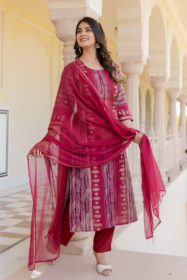Red_Ethnic_Motifs_Printed_Round_Neck_Chanderi_Cotton_Kurta_With_Trousers_&_Dupatta_For_Women