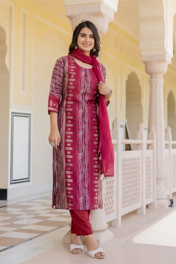 Red_Ethnic_Motifs_Printed_Round_Neck_Chanderi_Cotton_Kurta_With_Trousers_&_Dupatta_For_Women