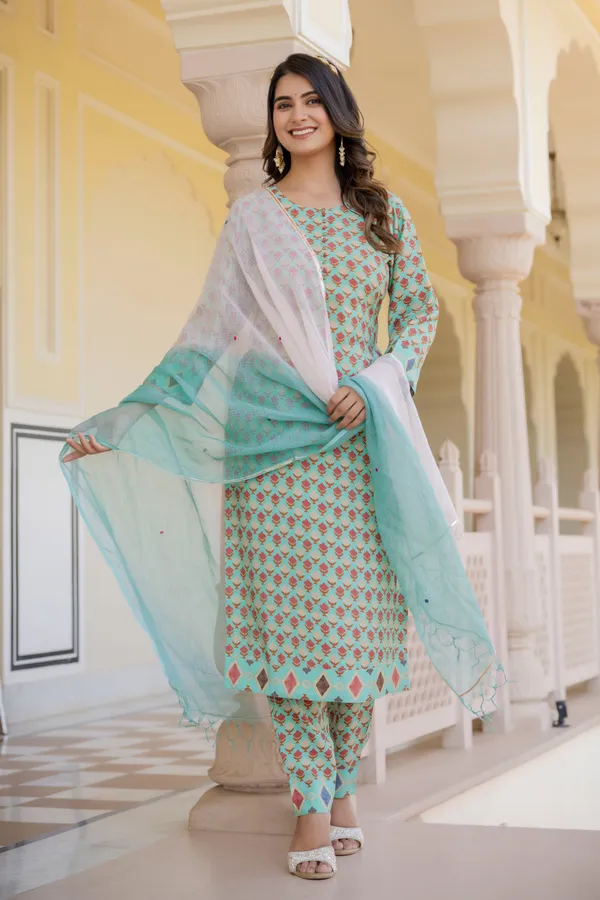 Blue_Ethnic_Motifs_Printed_Round_Neck_Chanderi_Cotton_Kurta_With_Trousers_&_Dupatta_For_Women