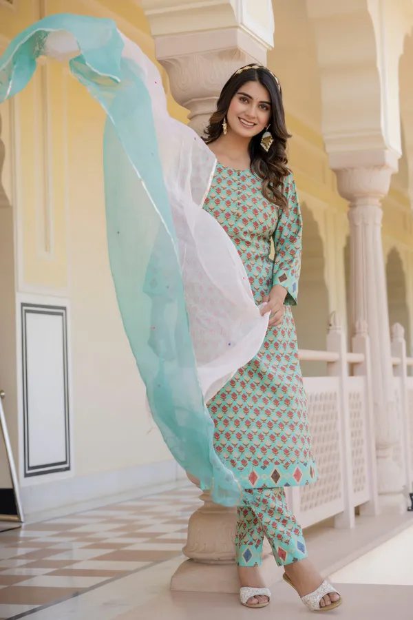 Blue_Ethnic_Motifs_Printed_Round_Neck_Chanderi_Cotton_Kurta_With_Trousers_&_Dupatta_For_Women