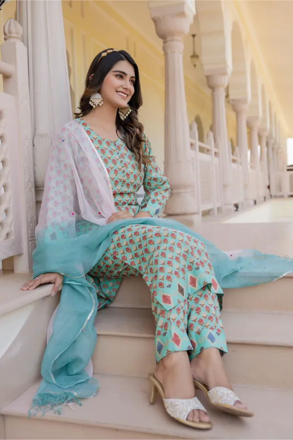 Blue_Ethnic_Motifs_Printed_Round_Neck_Chanderi_Cotton_Kurta_With_Trousers_&_Dupatta_For_Women