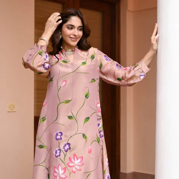 Brown_Floral_Printed_Bishop_Sleeves_High-Low_A-Line_Kurta_With_Palazzos_&_Dupatta_For_Women