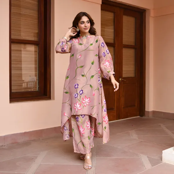Brown_Floral_Printed_Bishop_Sleeves_High-Low_A-Line_Kurta_With_Palazzos_&_Dupatta_For_Women