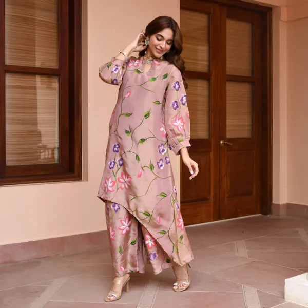 Brown_Floral_Printed_Bishop_Sleeves_High-Low_A-Line_Kurta_With_Palazzos_&_Dupatta_For_Women