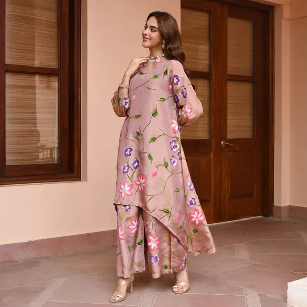 Brown_Floral_Printed_Bishop_Sleeves_High-Low_A-Line_Kurta_With_Palazzos_&_Dupatta_For_Women