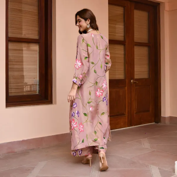 Brown_Floral_Printed_Bishop_Sleeves_High-Low_A-Line_Kurta_With_Palazzos_&_Dupatta_For_Women