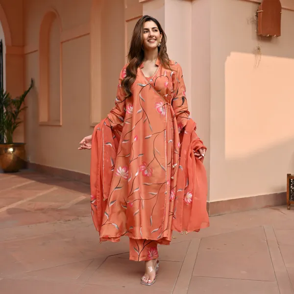Orange_Floral_Printed_Angrakha_Style_A-Line_Kurta_With_Palazzos_&_Dupatta_For_Women