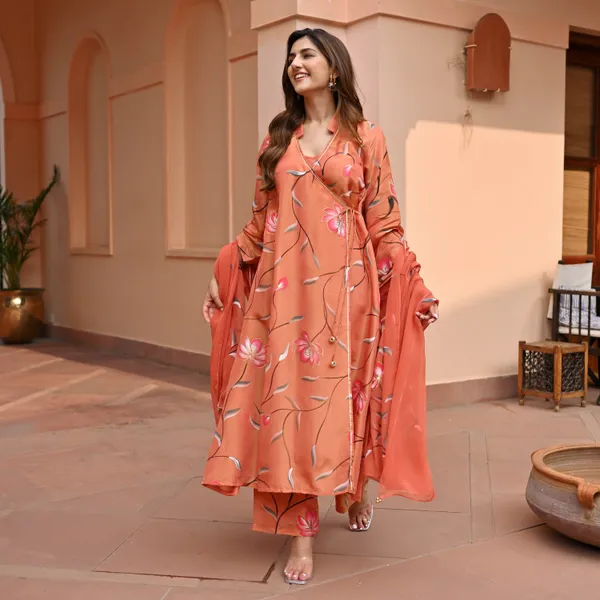 Orange_Floral_Printed_Angrakha_Style_A-Line_Kurta_With_Palazzos_&_Dupatta_For_Women