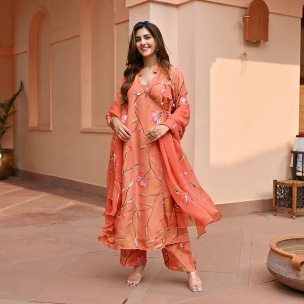 Orange_Floral_Printed_Angrakha_Style_A-Line_Kurta_With_Palazzos_&_Dupatta_For_Women