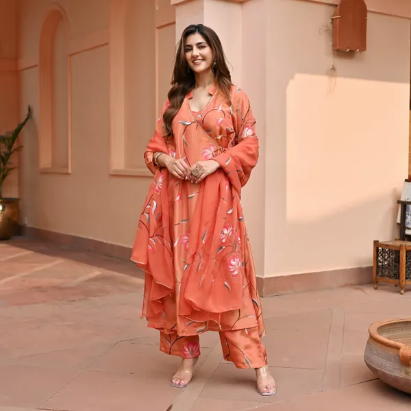 Orange_Floral_Printed_Angrakha_Style_A-Line_Kurta_With_Palazzos_&_Dupatta_For_Women